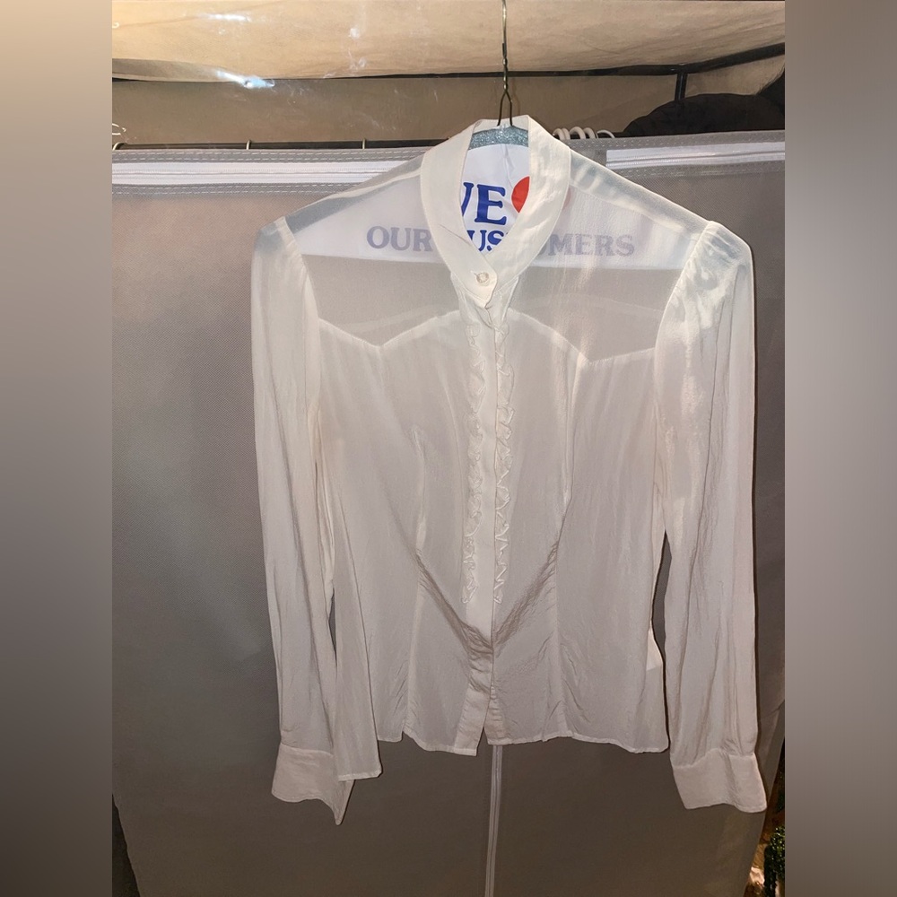 100% Mulberry Silk Bebe White Button Down Top with Ruffles - Picture 2 of 6